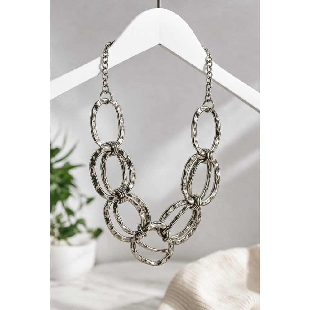 Hammered Silver Tone Link Necklace Chunky Statement Chain 10.5”